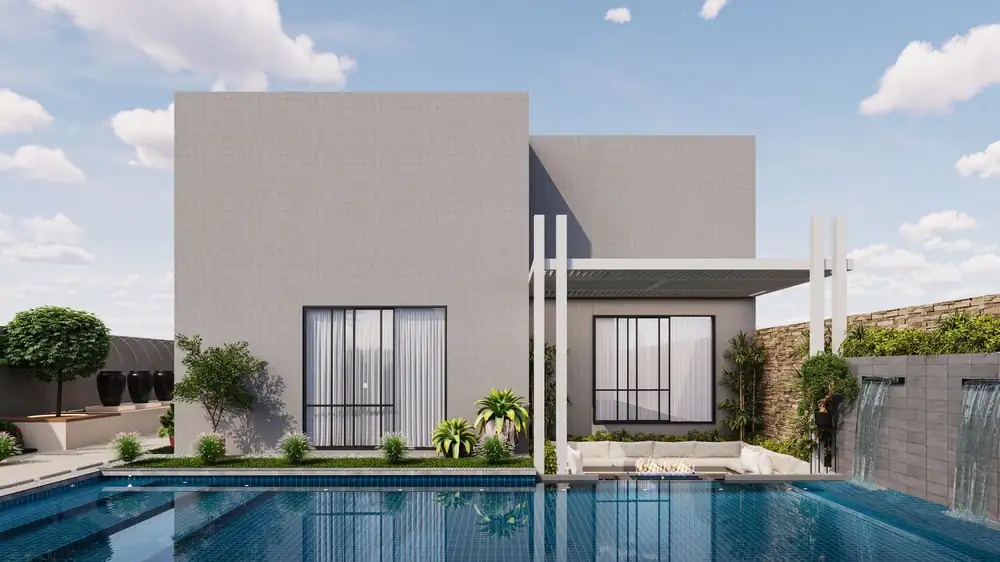 Minimal villa with a rectangular pool and stucco walls