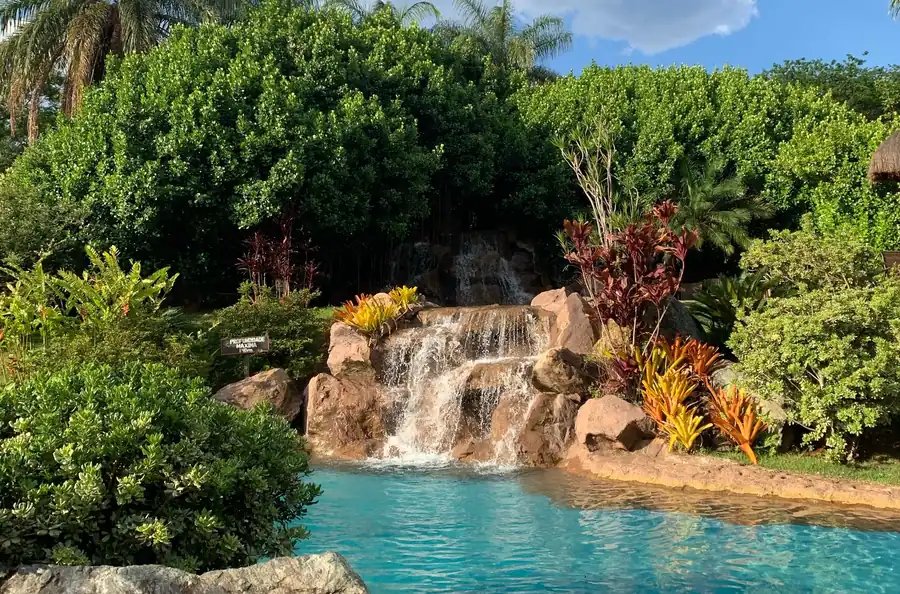 A rock waterfall and tropical planting above a free form pool