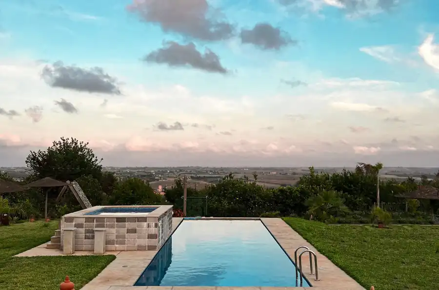 A pool with a garden view under an open sky