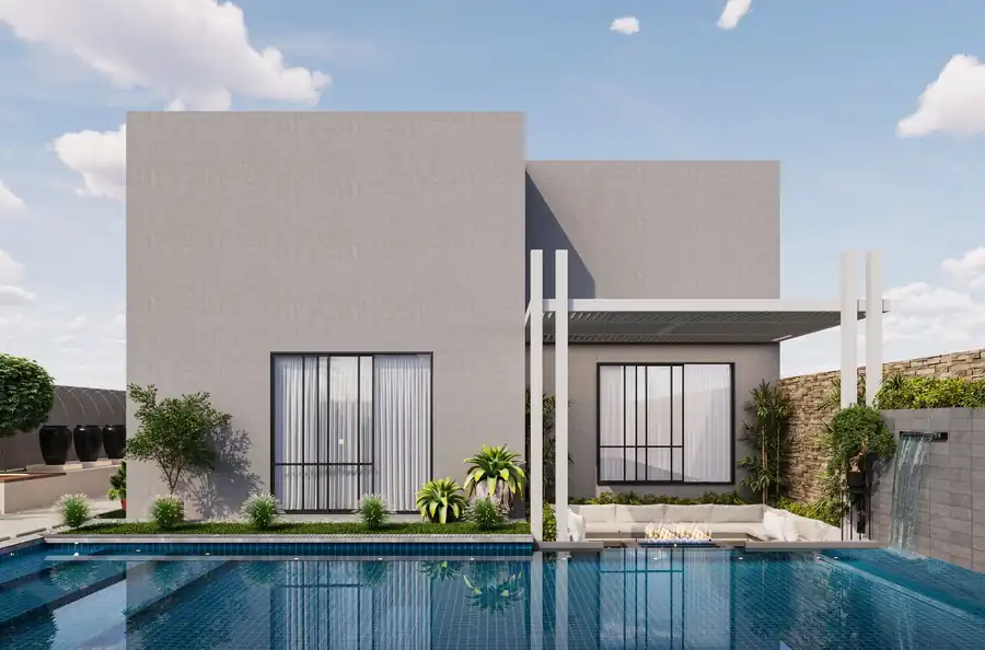 Minimal villa with a rectangular pool and stucco walls